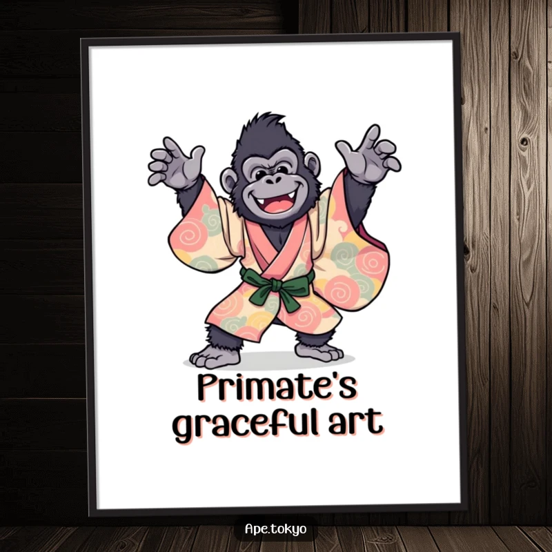 Funny Gorilla Kimono Dance Digital Art: A joyful primate in a vibrant kimono, striking a dynamic dance pose, ready for instant humorous display.