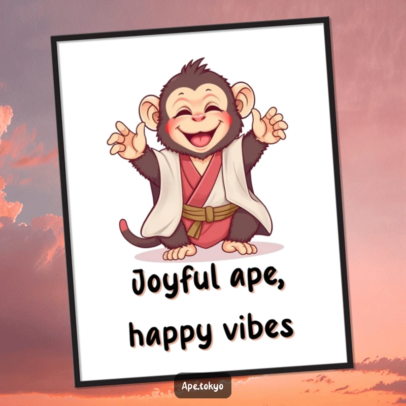 Funny ape in a silk kimono bowing playfully, offering cheerful humor in a digital art print, perfect funny gift.