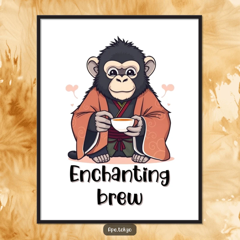 Funny majestic ape in formal kimono offering a delicate tea cup serenely, digital art print, elegant art.