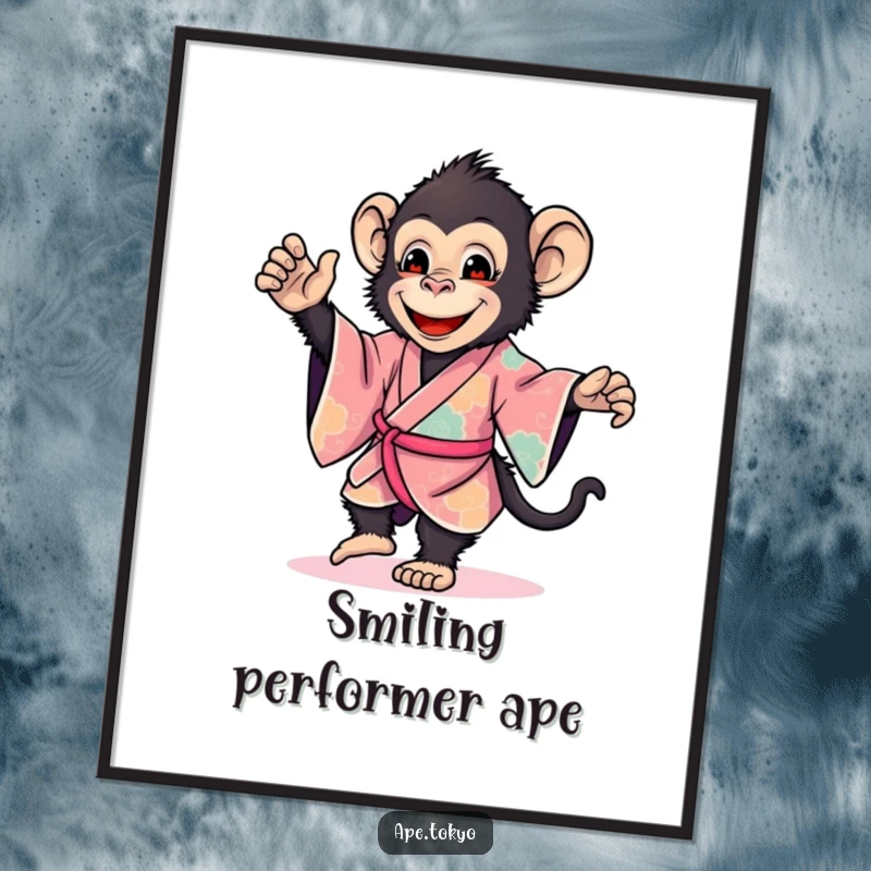 Funny ape in a vibrant kimono dancing gently, offering vibrant humor in a digital art print, perfect funny gift.