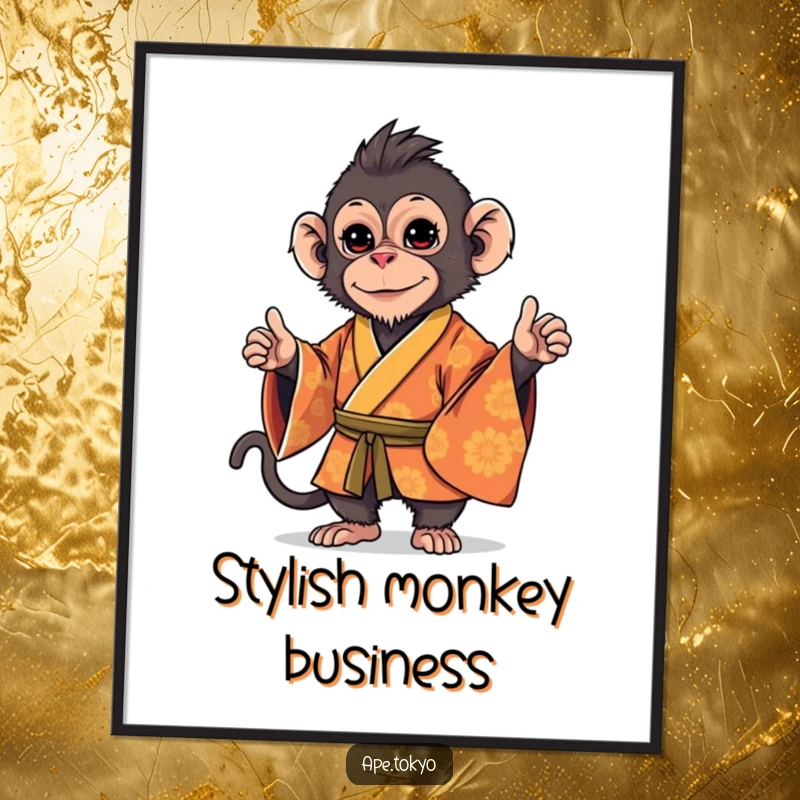 Funny Macaque Kimono Stance Digital Art: Playful macaque in an ornate kimono, striking a stylish, confident stance, ready for instant humorous display.