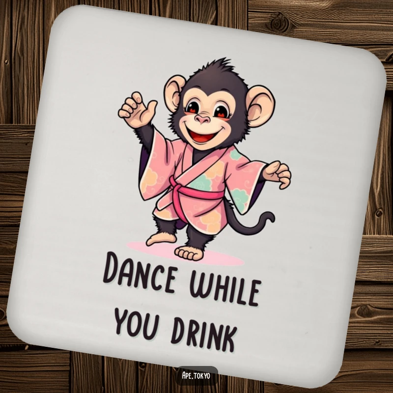 Funny ape in a vibrant kimono dancing gently, presented on a cheerful and humorous drink coaster, ideal funny gift.