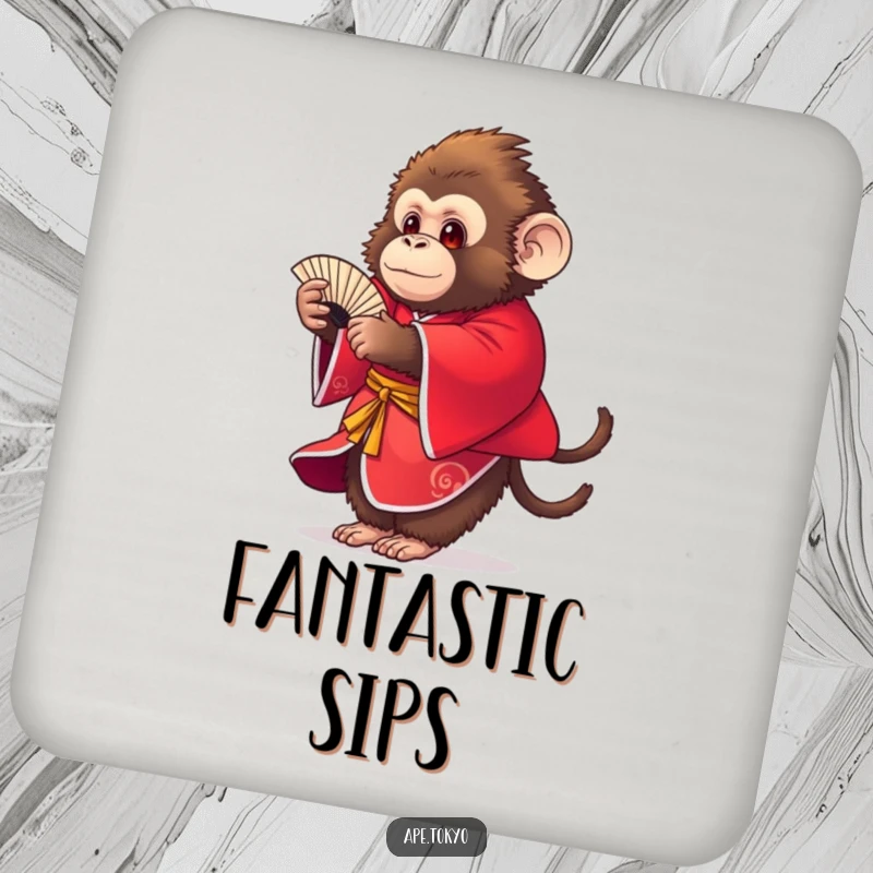 Funny fluffy ape in a red kimono gracefully dancing with a fan, decorative coaster, home humor.