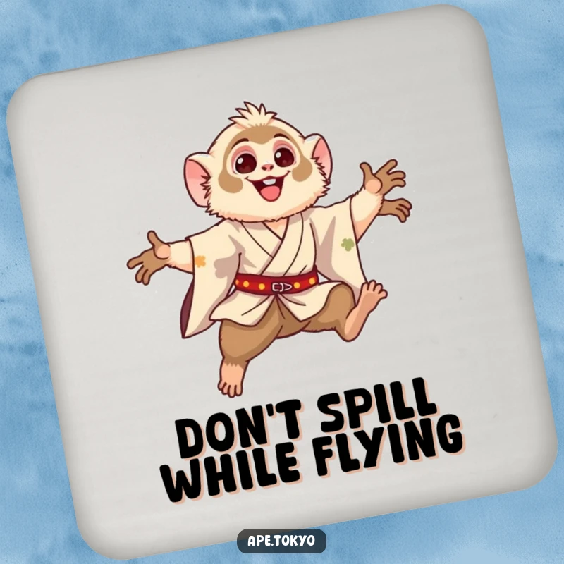 Funny Gibbon Leaping Motion Coasters: Happy gibbon in a silk kimono, performing a graceful leaping motion, for protecting surfaces with humor.