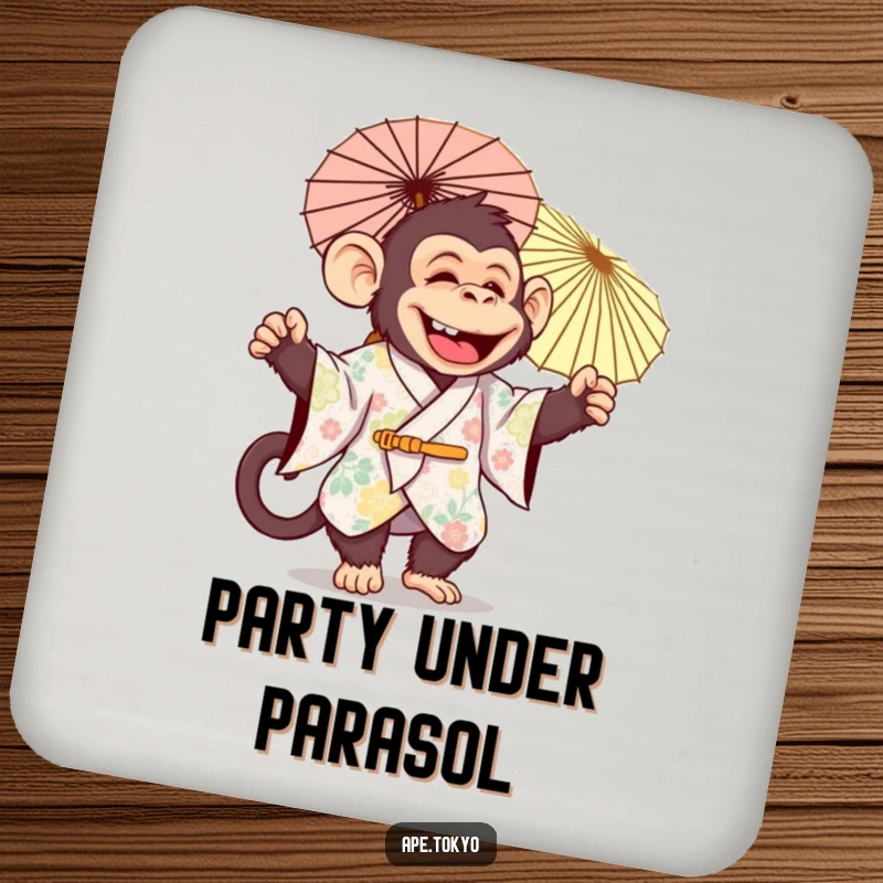 Funny jolly ape in festive kimono joyfully twirling a decorative parasol, coasters, festive decor.
