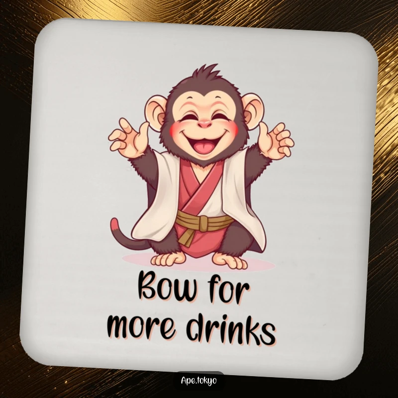 Funny ape in a silk kimono bowing playfully, presented on a cheerful and humorous drink coaster, ideal funny gift.