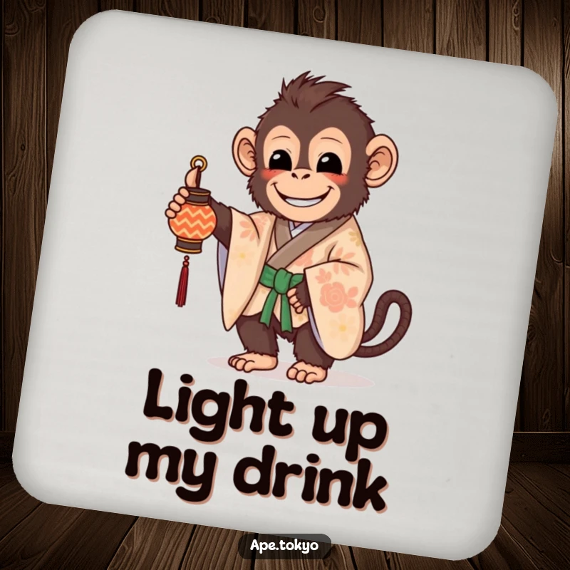 Funny Coaster: A beaming ape in a patterned kimono holds a small, decorated lantern, adding gentle charm to your table.