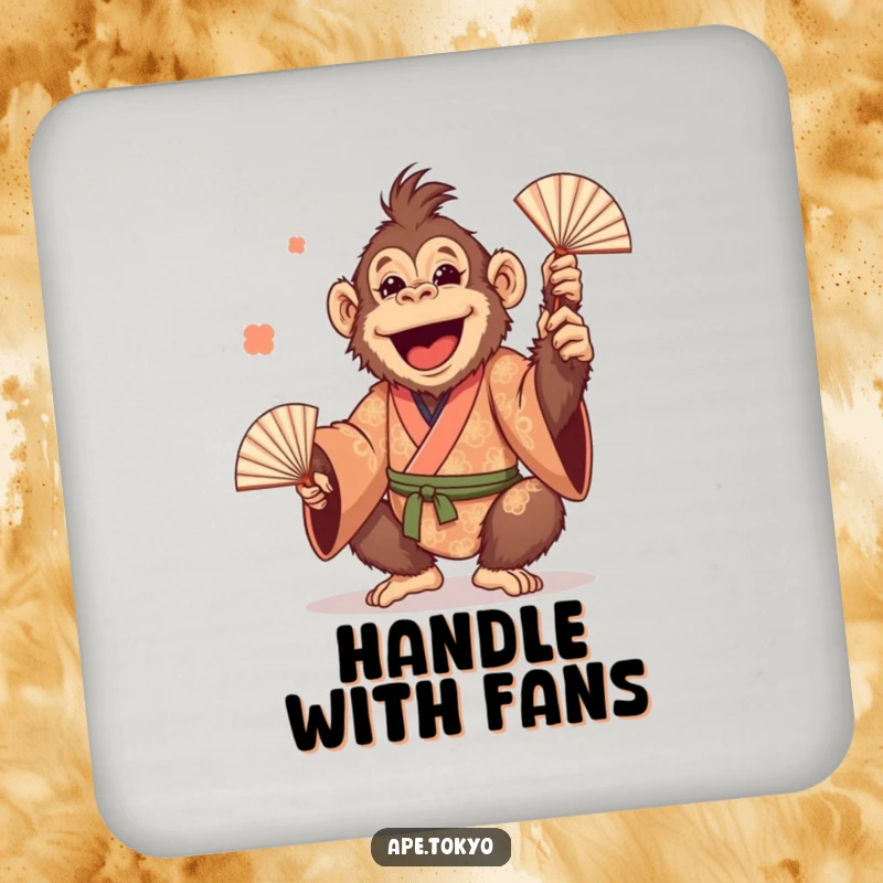 Funny Orangutan Juggling Fans Coasters: Cheerful primate in a patterned kimono, playfully juggling fans, for protecting surfaces with humor.