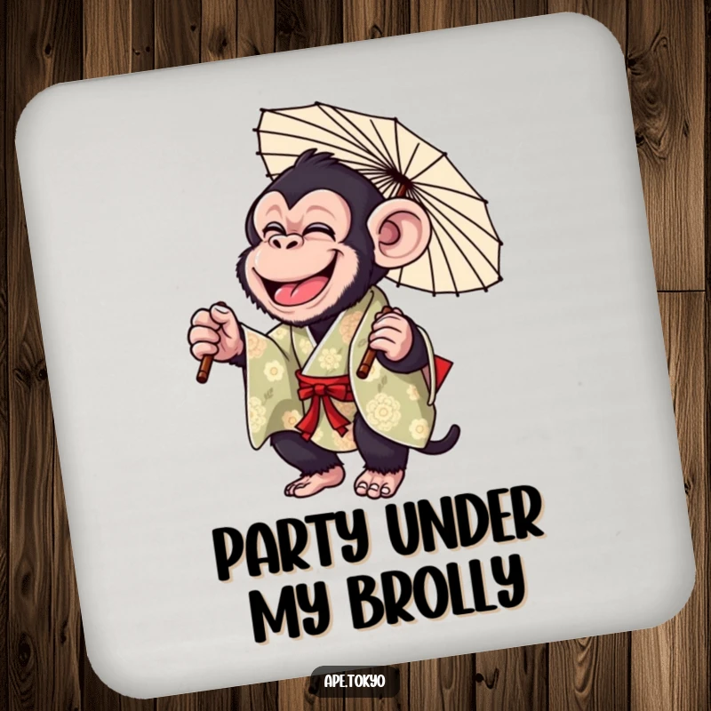 Funny Chimp Parasol Twirl Coasters: Giggling chimpanzee in a colorful kimono, playfully twirling a parasol, for protecting surfaces with humor.
