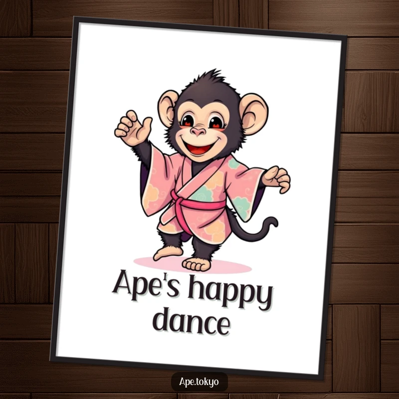 Funny ape in a vibrant kimono dancing gently, creating vibrant and humorous wall art, a perfect funny gift.