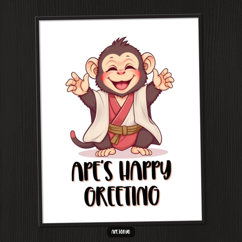 Funny, joyful ape in a silk kimono bowing playfully, creating cheerful and humorous wall art, a perfect funny gift.