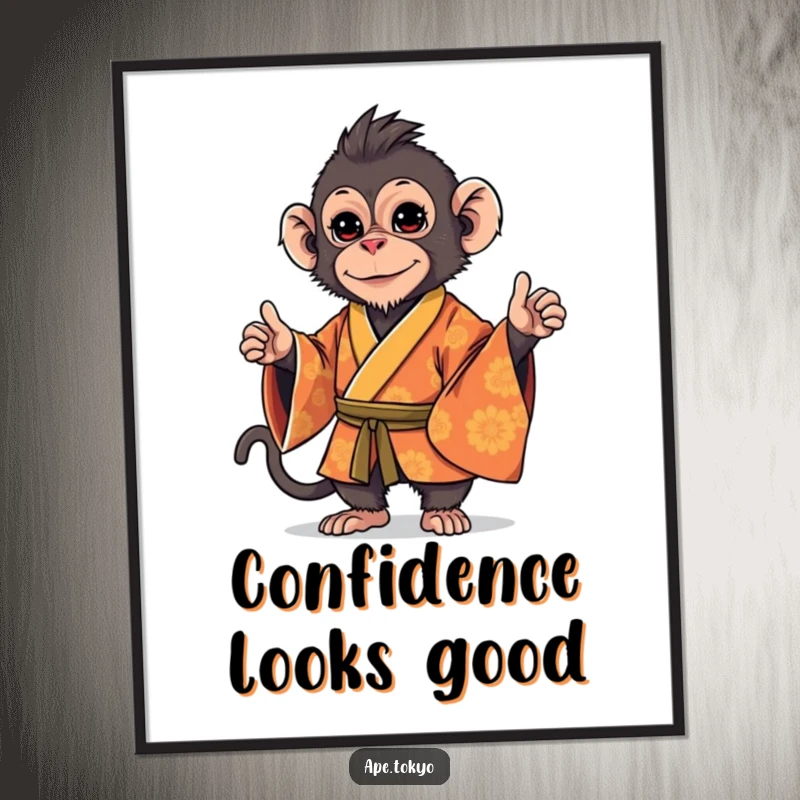Funny Macaque Kimono Stance Poster: Playful macaque in an ornate kimono, striking a stylish, confident stance, creating fashionable and humorous wall art.