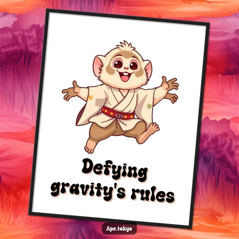 Funny Gibbon Leaping Motion Poster: Happy gibbon in a silk kimono, performing a graceful leaping motion, creating elegant and humorous wall art.