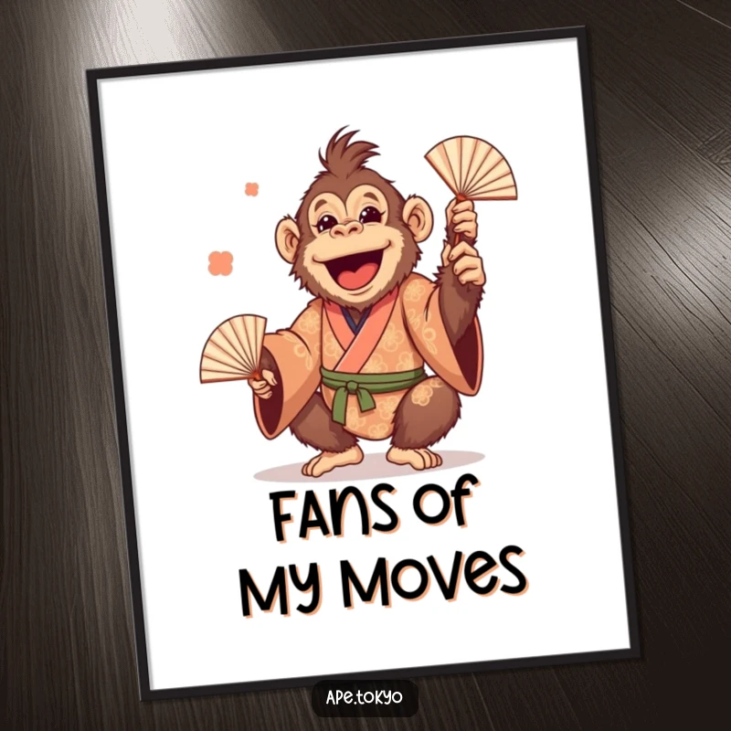 Funny Orangutan Juggling Fans Poster: Cheerful primate in a patterned kimono, playfully juggling fans, creating hilarious and vibrant wall art.