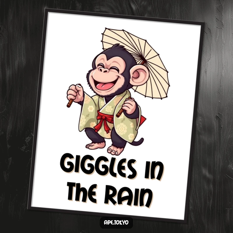 Funny Chimp Parasol Twirl Poster: Giggling chimpanzee in a colorful kimono, playfully twirling a parasol, creating vibrant and humorous wall art.