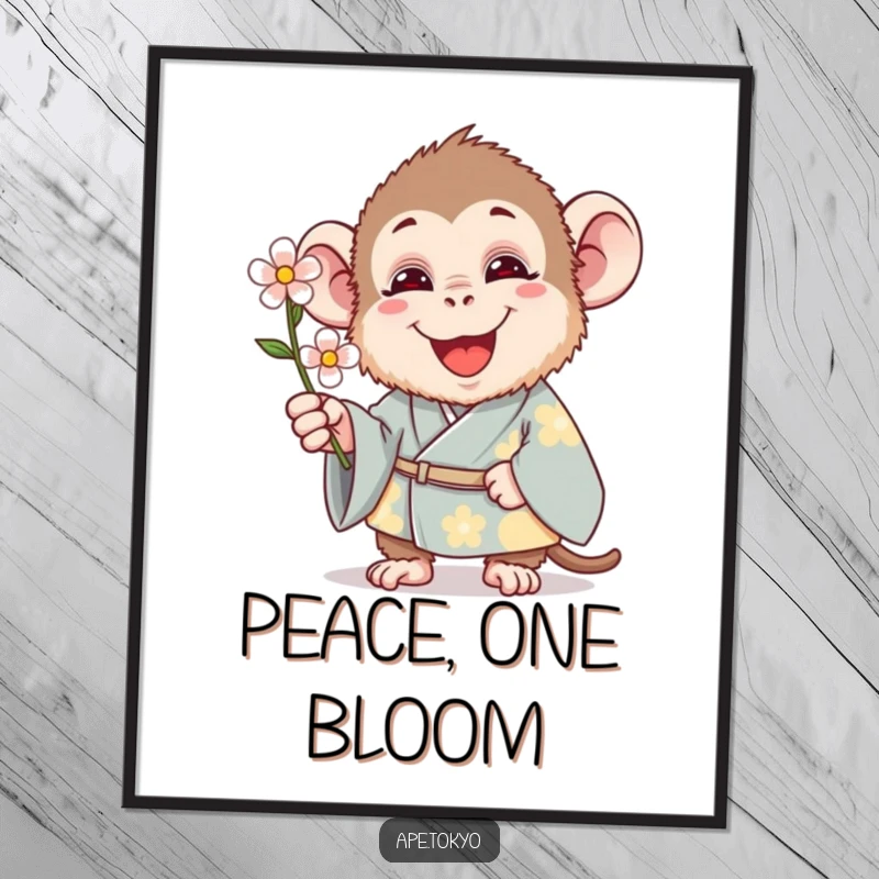 Funny Poster: A happy ape in an elegant kimono presents a single, vibrant flower, creating a peaceful and humorous scene.