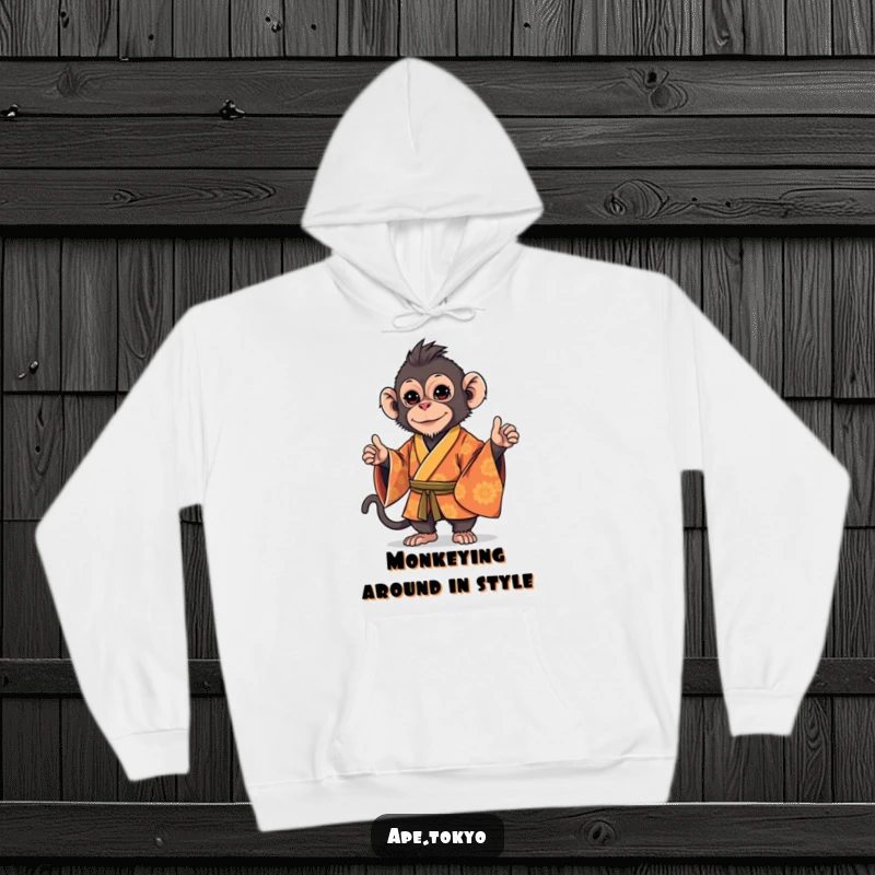 Funny Macaque Kimono Stance Hoodie: Playful macaque in an ornate kimono, striking a stylish, confident stance, offering cozy and humorous sophistication.