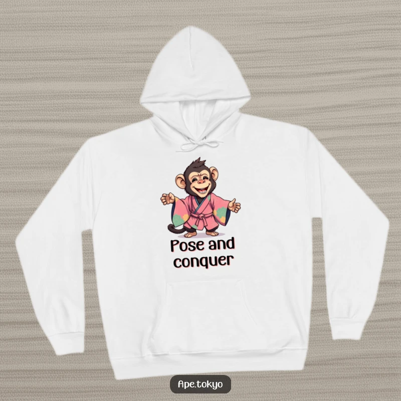 Funny Hoodie: A joyful ape in a striking, vibrant kimono strikes an athletic and dynamic pose with confidence.