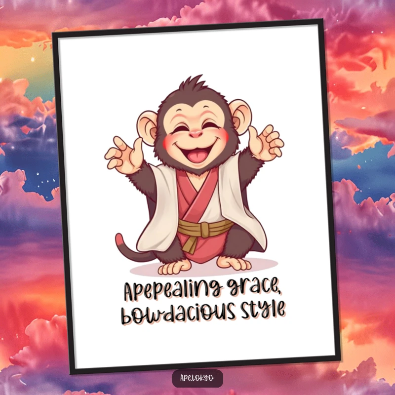 Funny Free Printable Wall Art: A joyful ape in a silk kimono performs a playful bow, adding humor to decor.