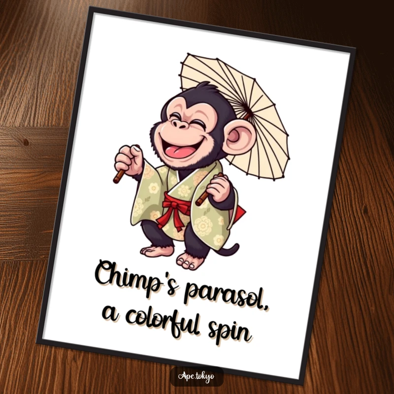 Funny Free Printable Wall Art: Giggling Chimpanzee in a colorful kimono, playfully twirling a parasol with glee.