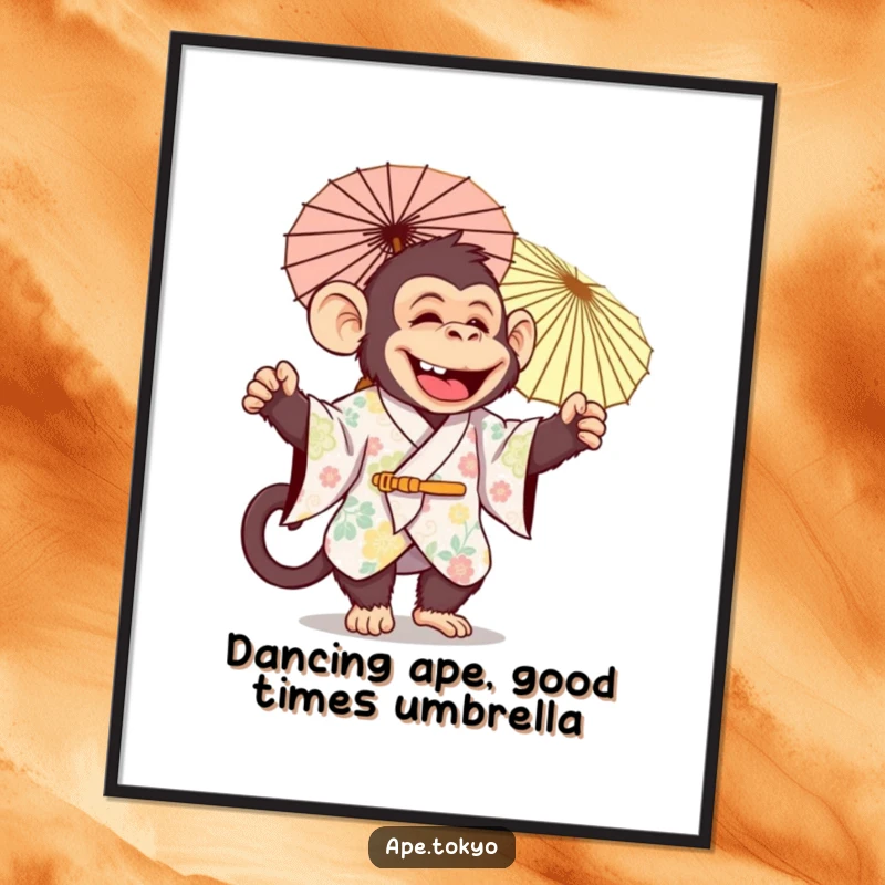 Funny Free Printable Wall Art: A jolly ape in a festive kimono, joyfully twirling a decorative parasol with delight.