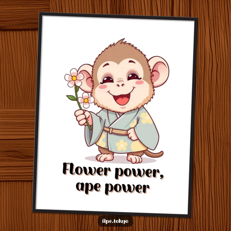 Funny Free Printable Wall Art: A happy ape in a traditional kimono stands elegantly offering a single flower.