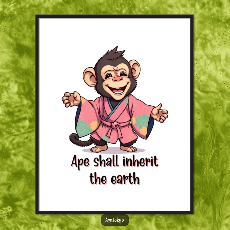 Funny Free Printable Wall Art: A joyful ape in a vibrant kimono strikes an impressive, dynamic pose.