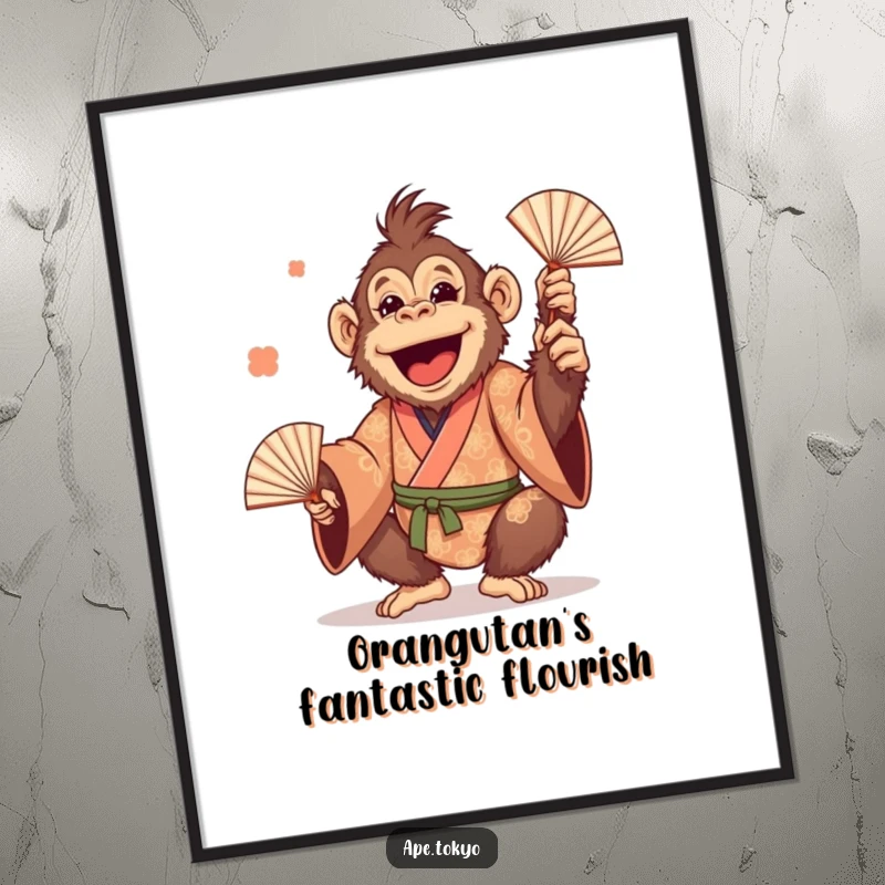 Funny Free Printable Wall Art: Cheerful Orangutan in a patterned kimono, playfully juggling numerous fans.