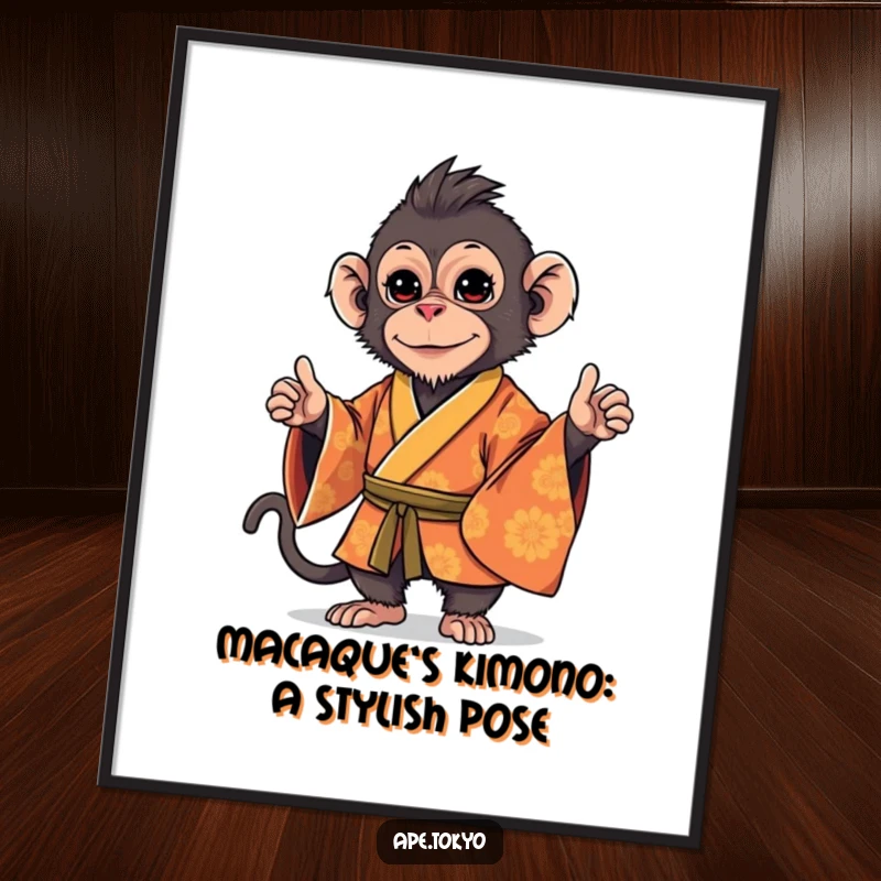 Funny Free Printable Wall Art: Playful Macaque in an ornate kimono, striking a stylish, confident stance.
