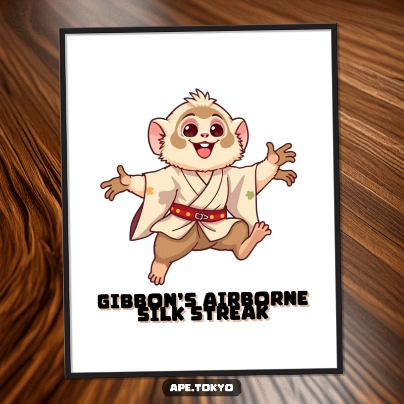 Funny Free Printable Wall Art: Happy Gibbon in a silk kimono, performing a graceful, soaring leap.