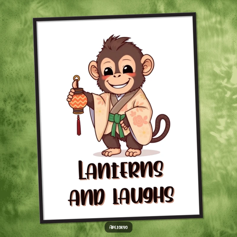Funny Free Printable Wall Art: A beaming ape in a beautifully patterned kimono holds a small, decorated lantern.