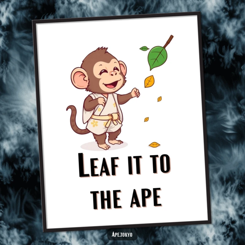 Funny Free Printable Wall Art: A silly ape in a short kimono is captured in a funny pose, reaching for a leaf.