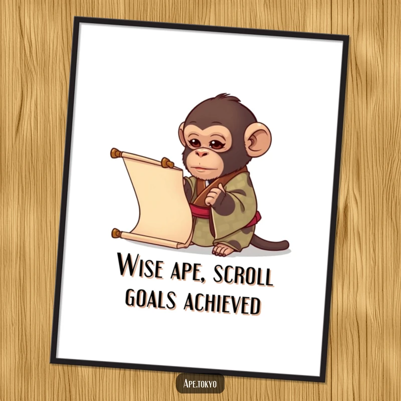 Funny Free Printable Wall Art: A curious ape in a patterned kimono examines a long scroll, adding quirky charm.