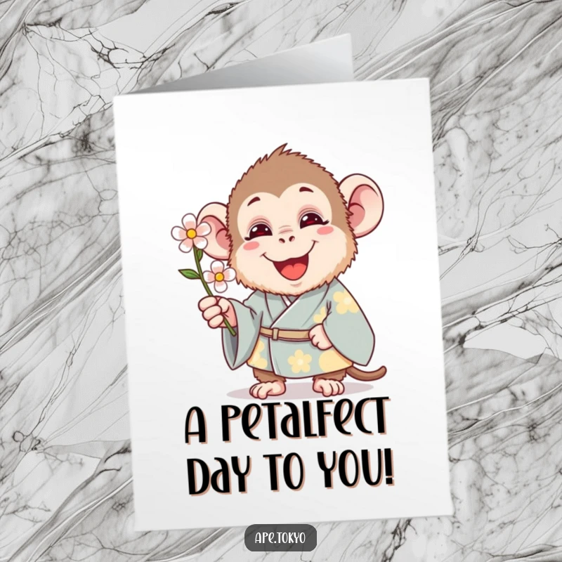 Funny Free Printable Birthday Card: A happy ape in a traditional kimono joyfully offers a single flower, bringing smiles.