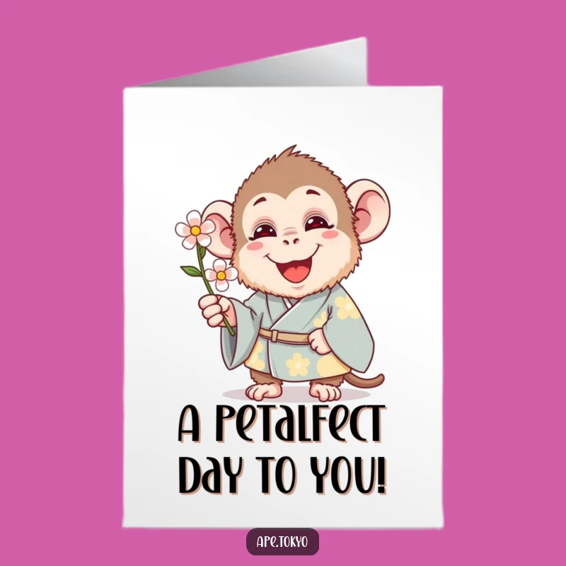 Free Printable Birthday Card: Funny Ape in Kimono Offering Flower, Hilarious Downloadable Greeting