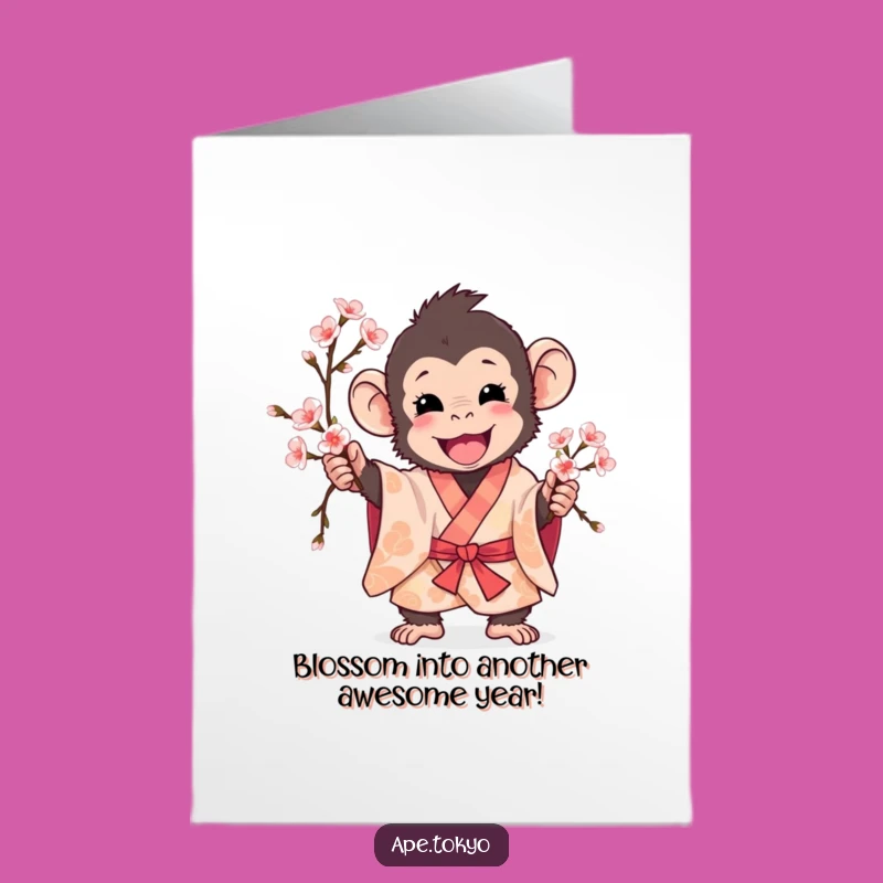 Free Printable Birthday Card: Playful Ape & Blossoms - Funny Downloadable Gift!