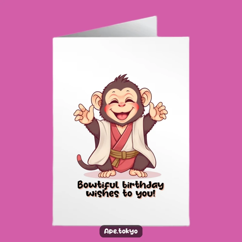 Free Printable Funny Birthday Card: Joyful Ape Kimono Bow Downloadable Gift