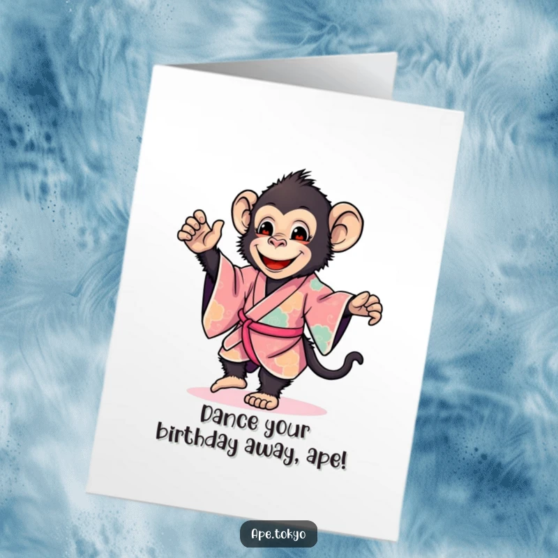 Funny Free Printable Birthday Card: Smiling ape in a vibrant kimono performs a gentle, happy dance step.