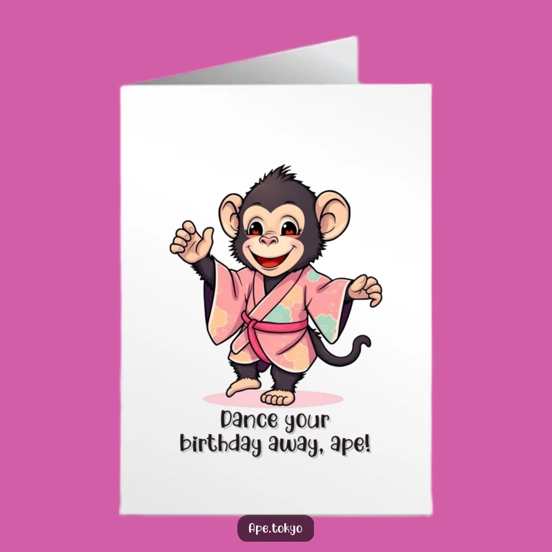 Free Printable Funny Birthday Card: Smiling Ape Kimono Dance Downloadable