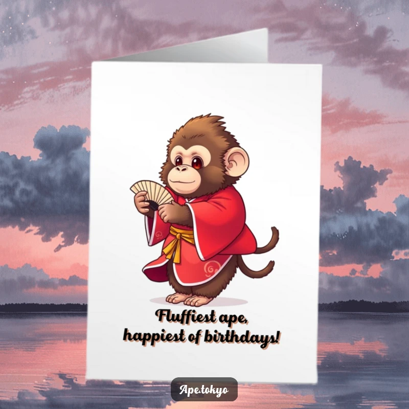Funny Free Printable Birthday Card: Fluffy ape in red kimono dancing with a fan, exuding joy and grace.