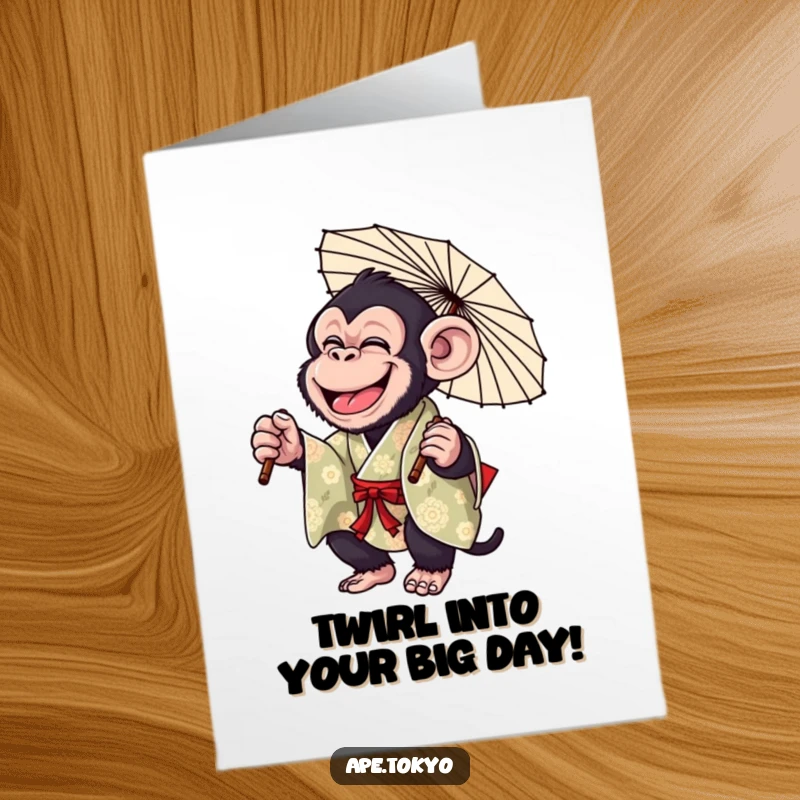 Funny Free Printable Birthday Card: Giggling Chimpanzee in a colorful kimono, playfully twirling a parasol with joy.