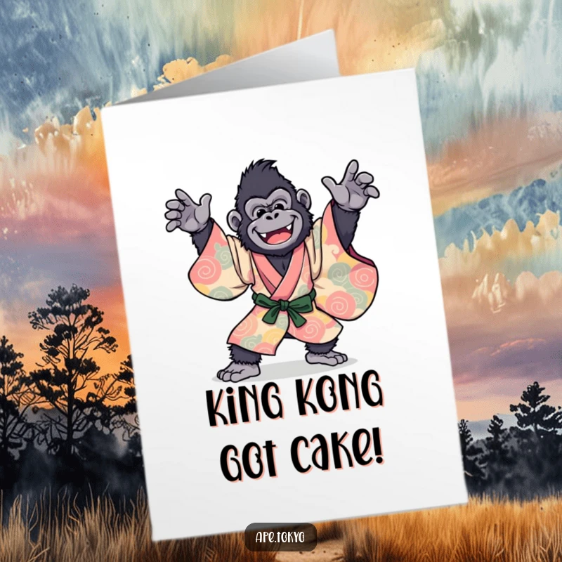 Funny Free Printable Birthday Card: Joyful Gorilla in a vibrant kimono, dancing with wild abandon, spreading birthday cheer.