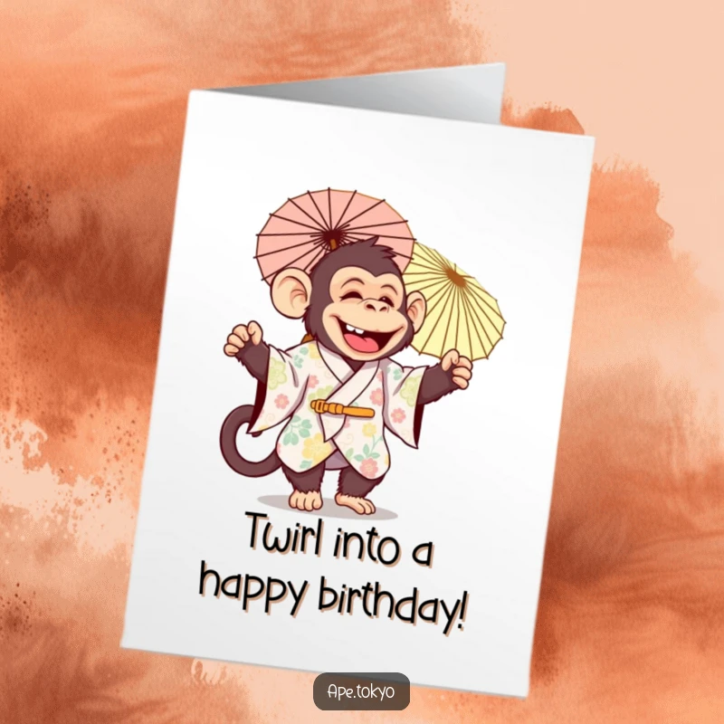 Funny Free Printable Birthday Card: Jolly ape in festive kimono joyfully twirls a decorative parasol, celebrating exuberantly.