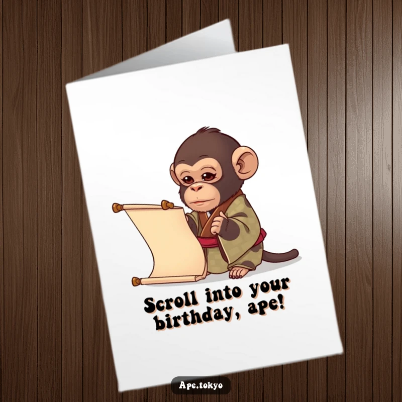 Funny Free Printable Birthday Card: A curious ape in a patterned kimono examines a long scroll, seeking birthday fun.