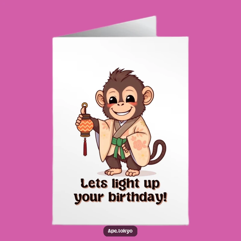 Free Printable Birthday Card: Happy Ape in Kimono with Lantern, Festive Downloadable Greeting