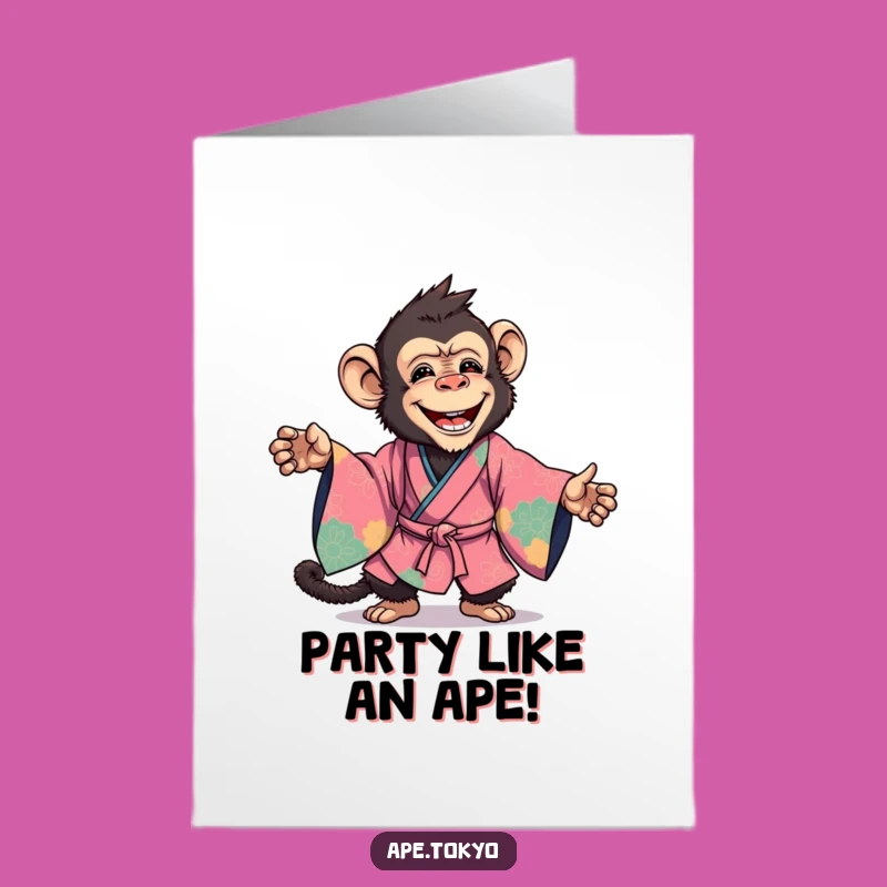 Free Printable Birthday Card: Joyful Ape in Kimono, Energetic Downloadable Greeting for Fun!