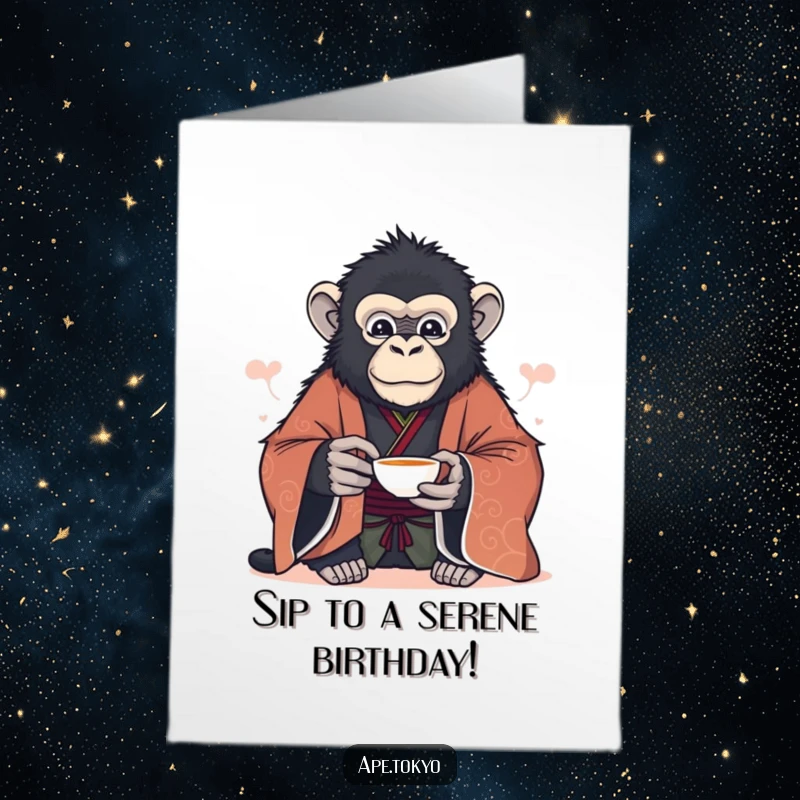 Funny Free Printable Birthday Card: Majestic ape in formal kimono offers tea with a serene expression, celebrating peacefully.