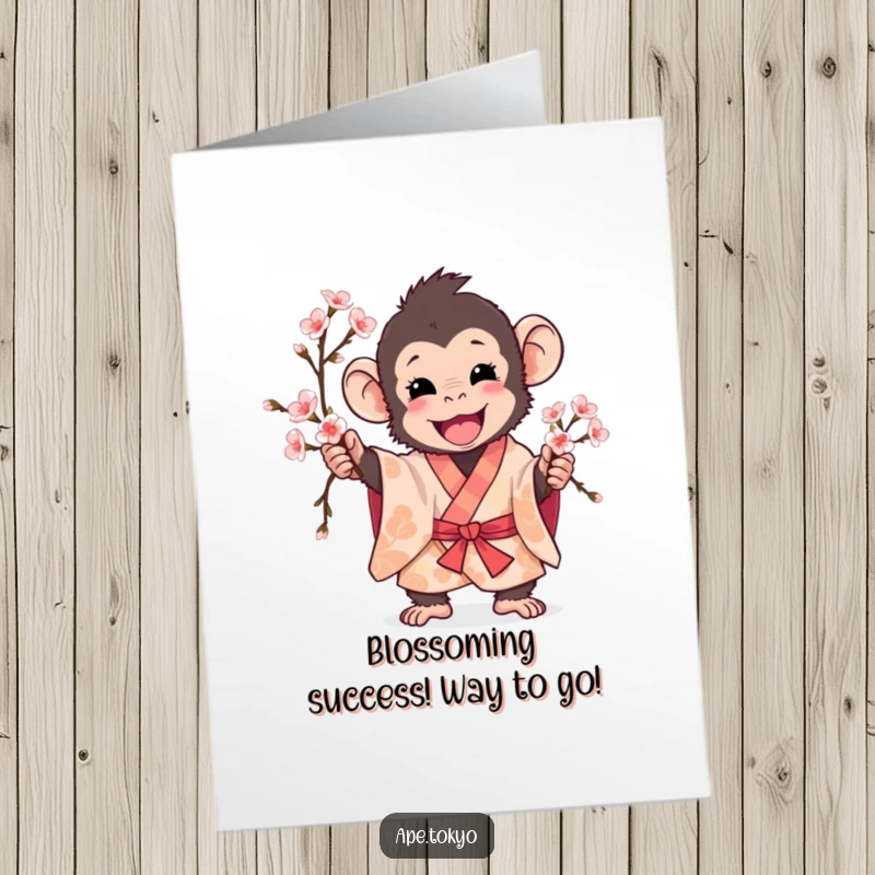 Funny Free Printable Congratulations Card: Playful ape in patterned kimono holds a cherry blossom branch, celebrating good news.