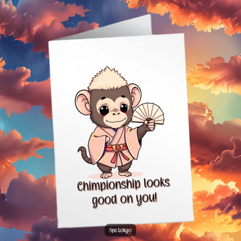 Funny Free Printable Congratulations Card: Elegant ape in a Japanese kimono holds a fan, perfect for celebrating achievements.