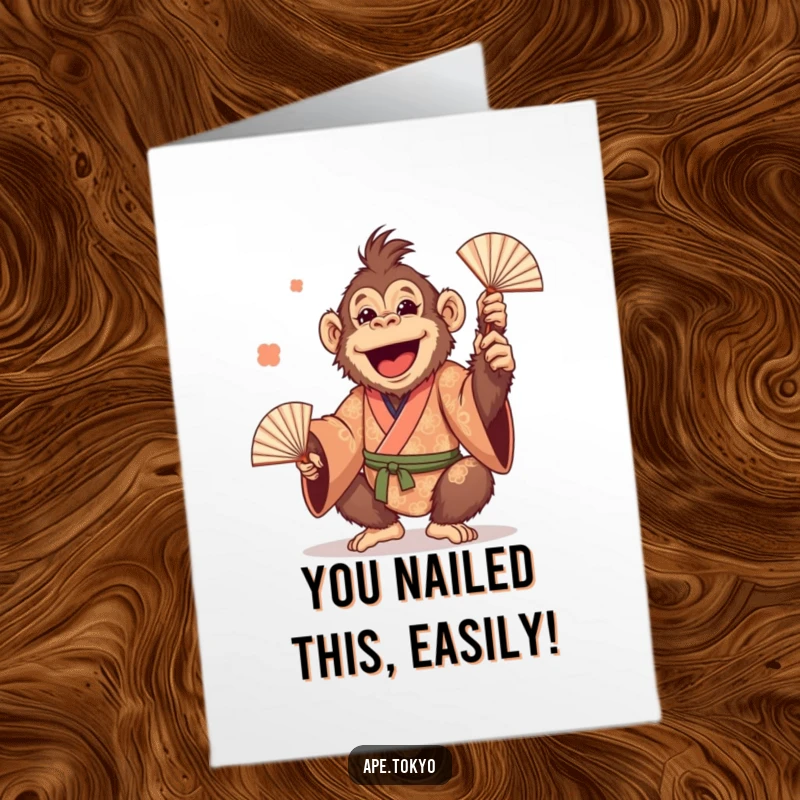 Funny Free Printable Congratulations Card: Cheerful Orangutan in a patterned kimono, skillfully juggling fans in celebration.